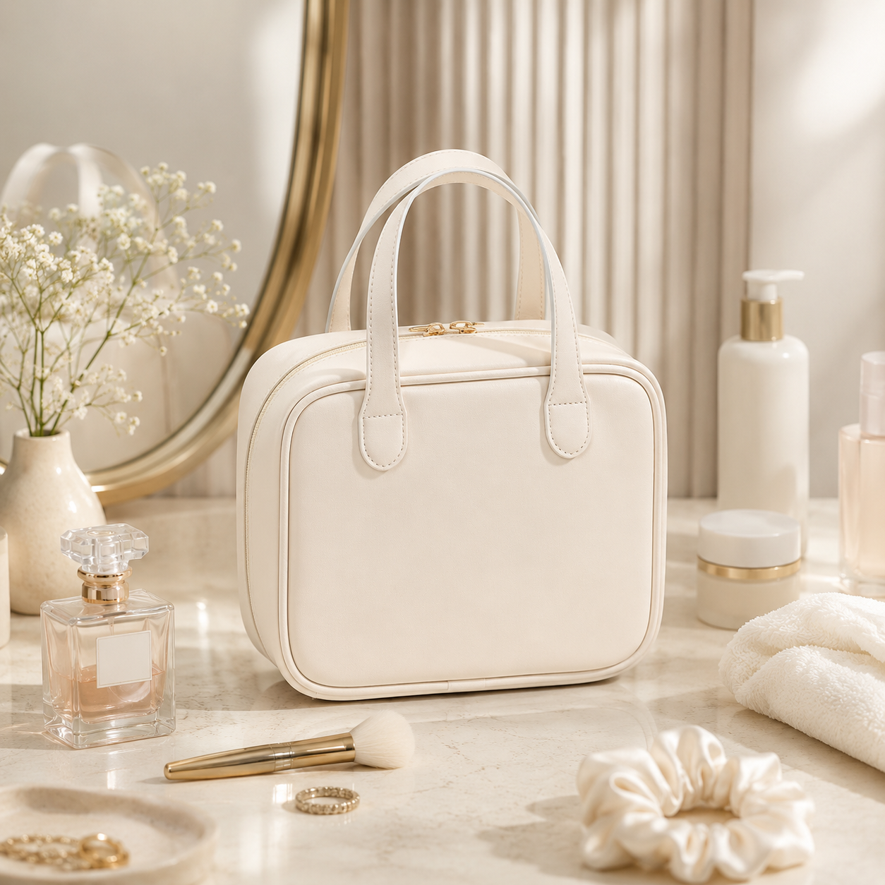 Avorily toiletry and makeup pouch on a bathroom vanity