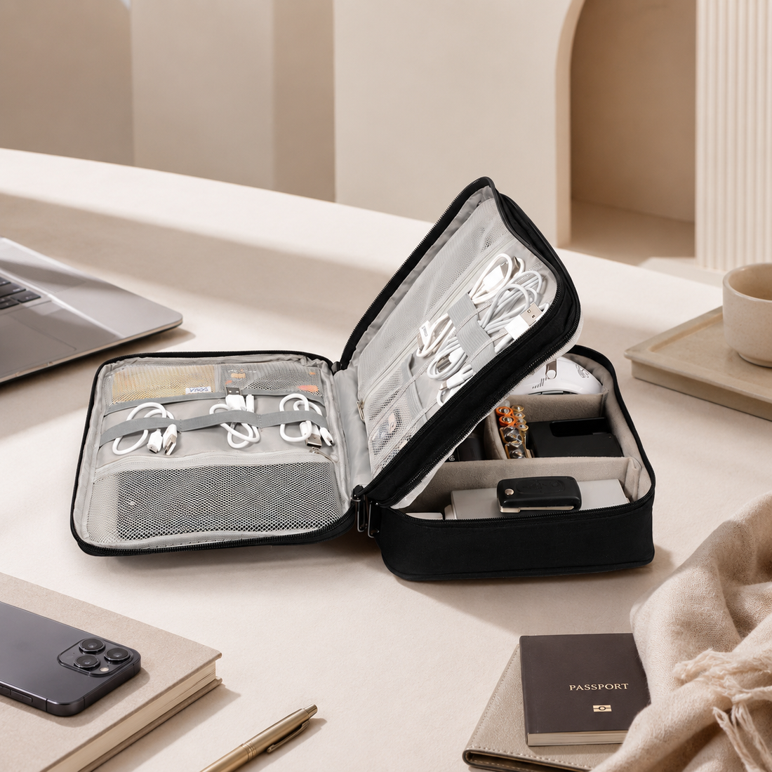 Avorily travel tech organiser pouch with cables on a neutral desk