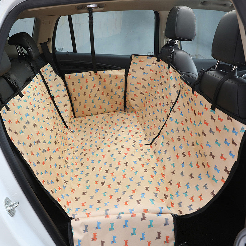 Beige dog car back seat cover installed across a rear seat