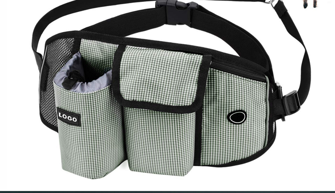 Green dog walk organiser waist bag with storage compartments