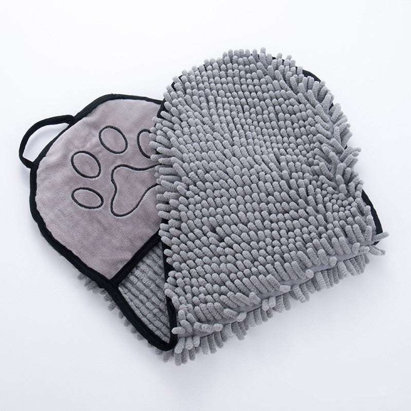 Grey double-hand dog drying towel with two hand pockets