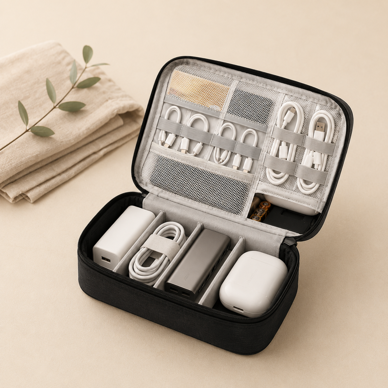 Grey three layer travel tech organiser pouch for chargers and accessories