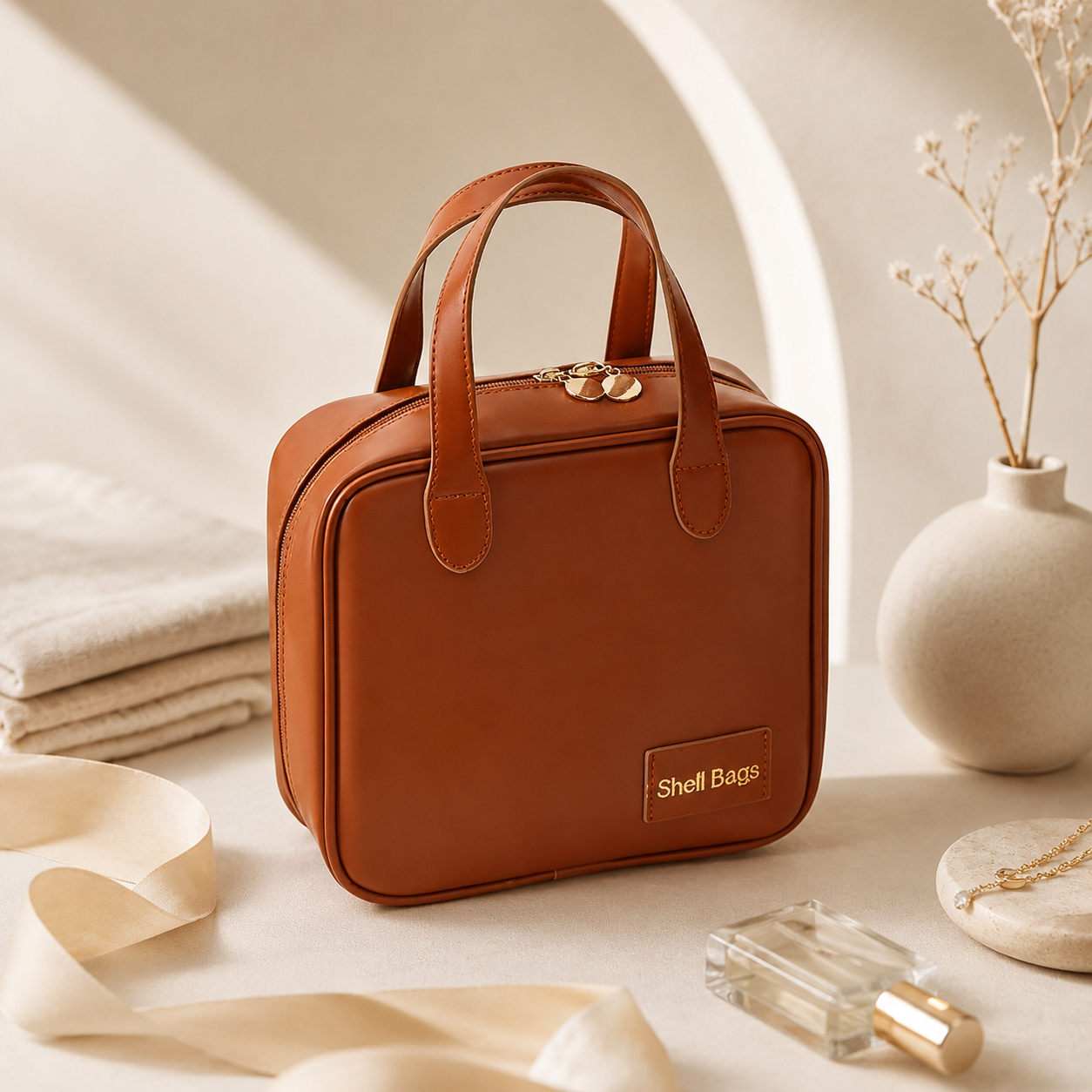 Kompakter Kulturbeutel Reise Kosmetiktasche in Caramel Mocha fuer Skincare und Make-up