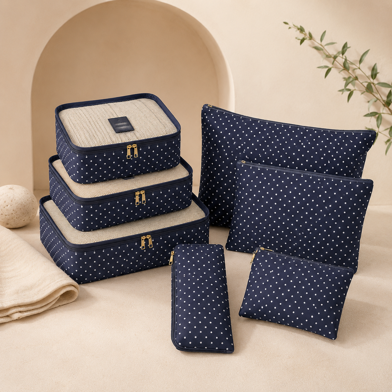 Navy blue flowers six-piece travel packing organiser set