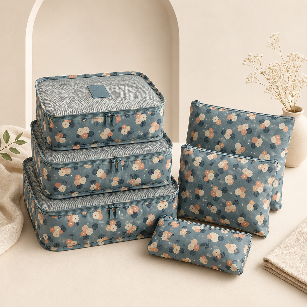 Dark blue dot packing organiser set with cubes and accessory pouches