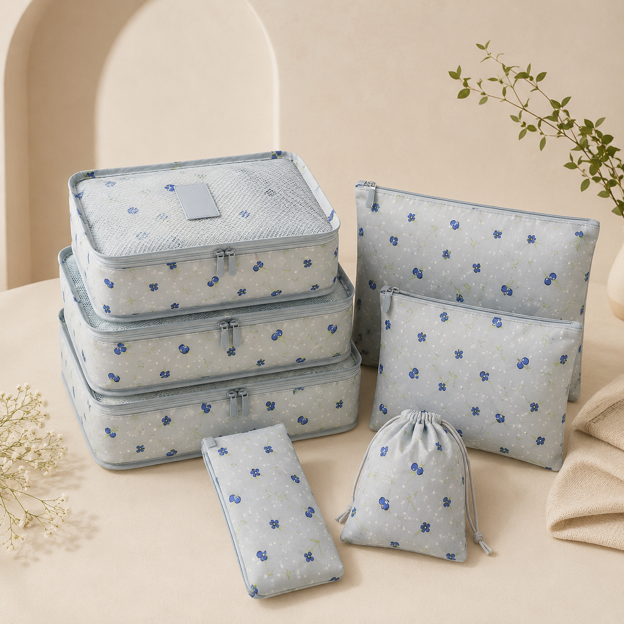 Blue flowers packing organiser set for suitcase and drawer storage