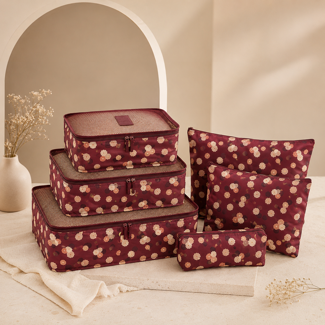 Watermelon red flowers packing organiser set for travel storage