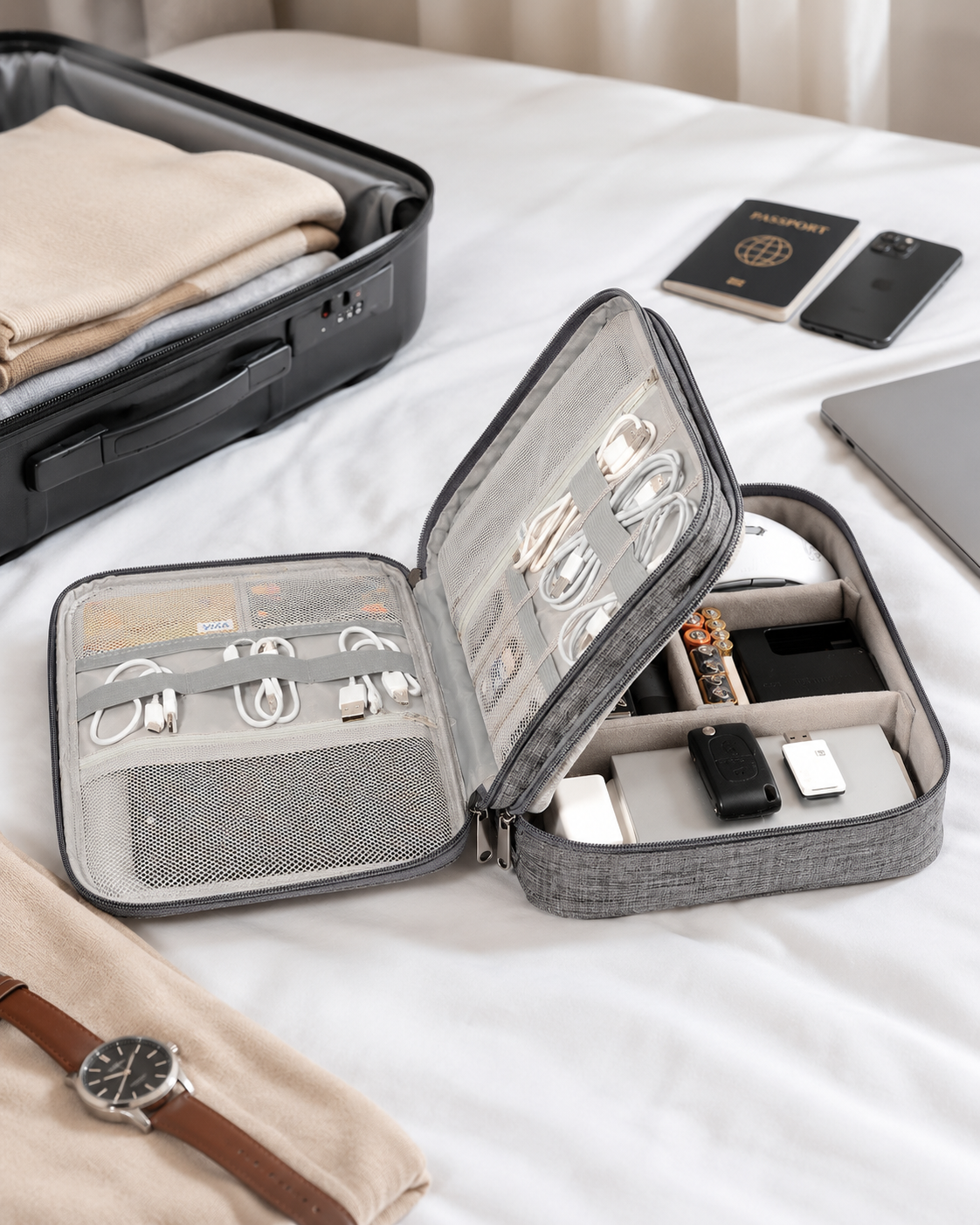 Compact tech organiser pouch for USB cables, earbuds and power bank storage