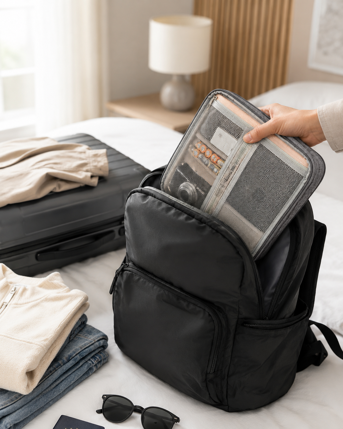 Cable organiser pouch detail showing compartments for chargers and small electronics