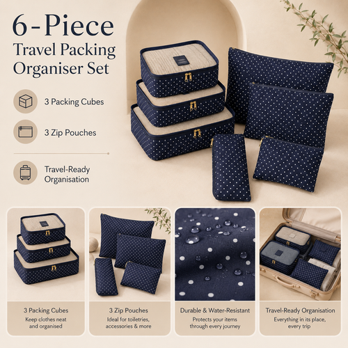 Six-piece packing organiser set for suitcase clothing and laundry storage