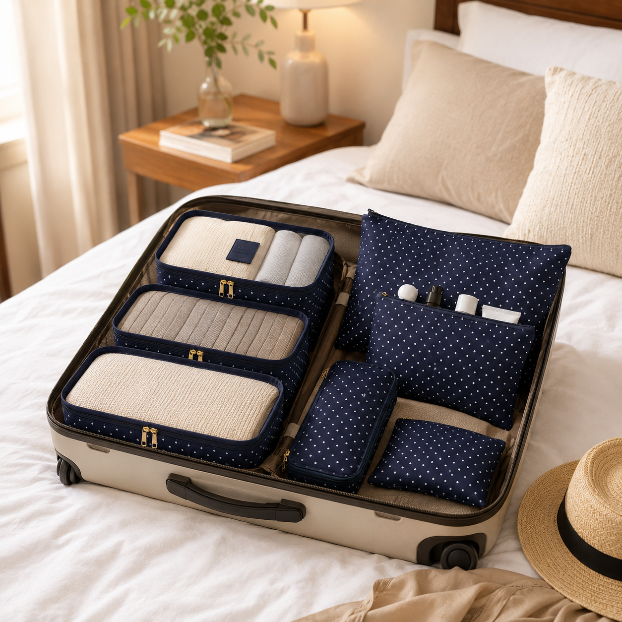 Packing cubes arranged in a suitcase for organised weekend travel