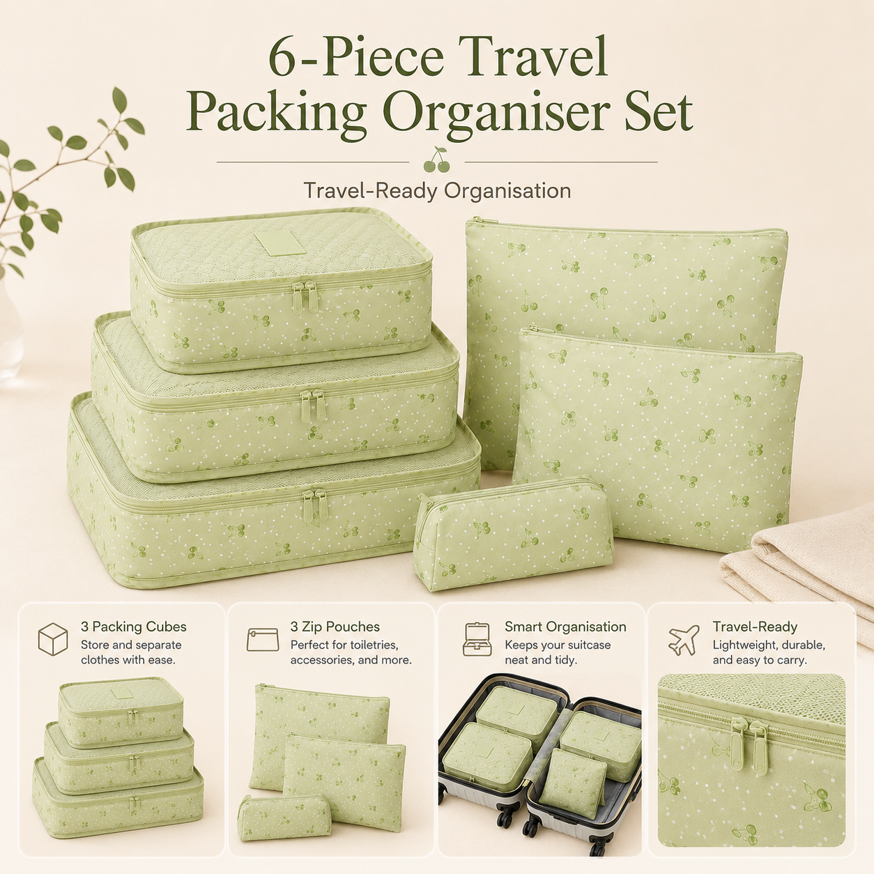 Travel packing organiser set detail for folded clothes and small items