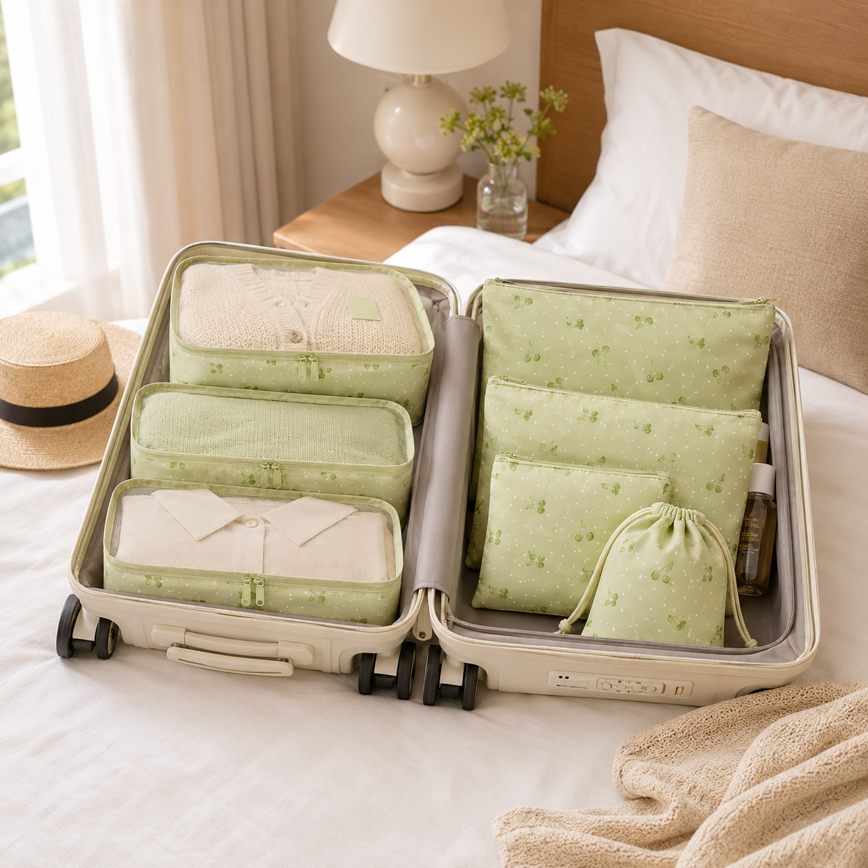 Packing organiser set lifestyle image for cabin bags and compact wardrobes