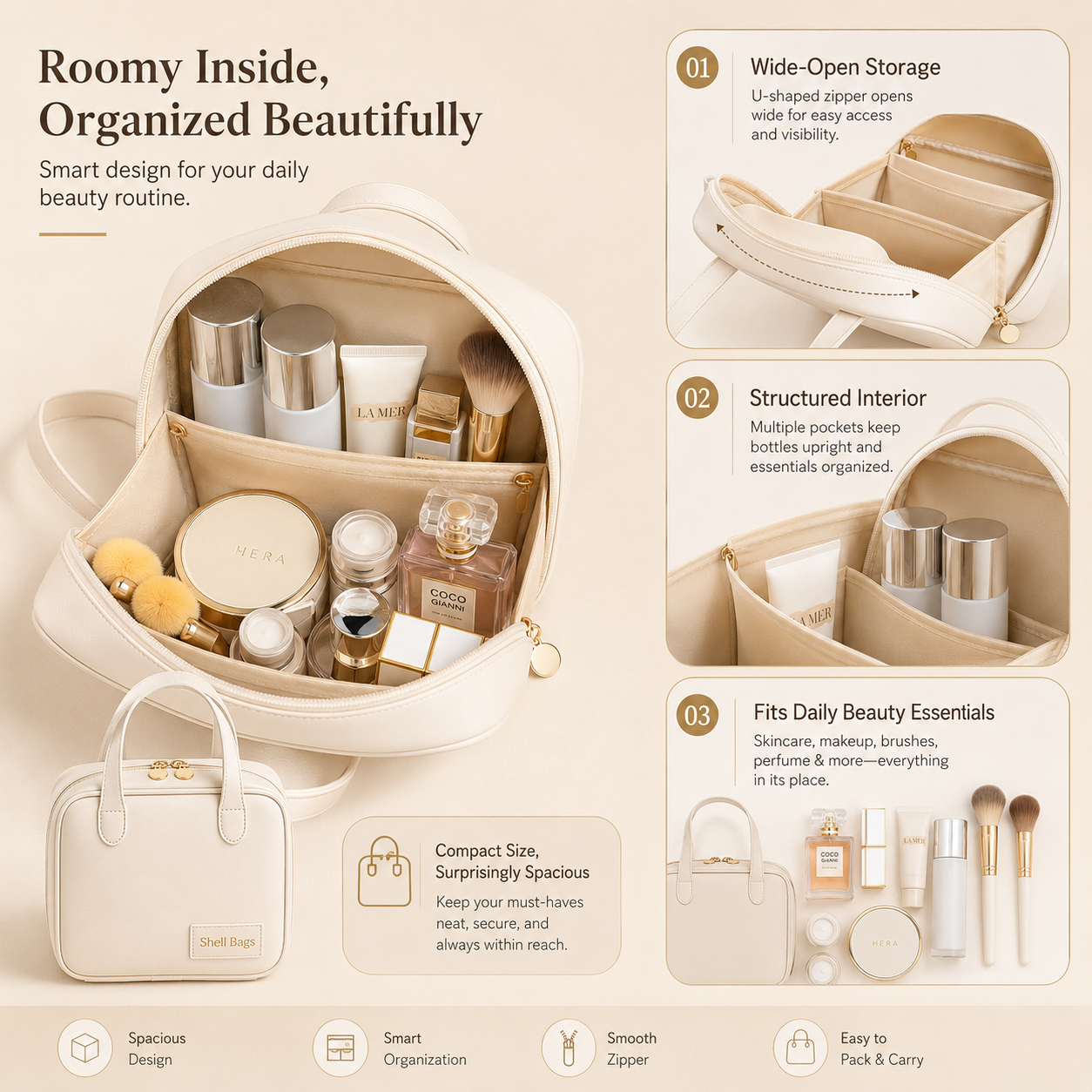 Structured toiletry pouch detail with zip and handle for everyday bathroom organisation