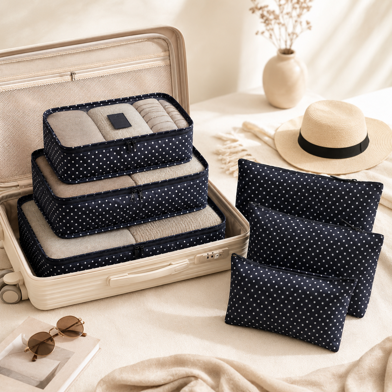 Navy dot six-piece travel packing organiser set inside a suitcase