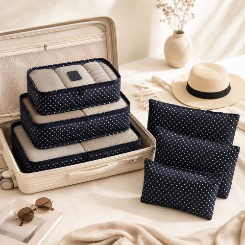 Navy dot six-piece travel packing organiser set inside a suitcase