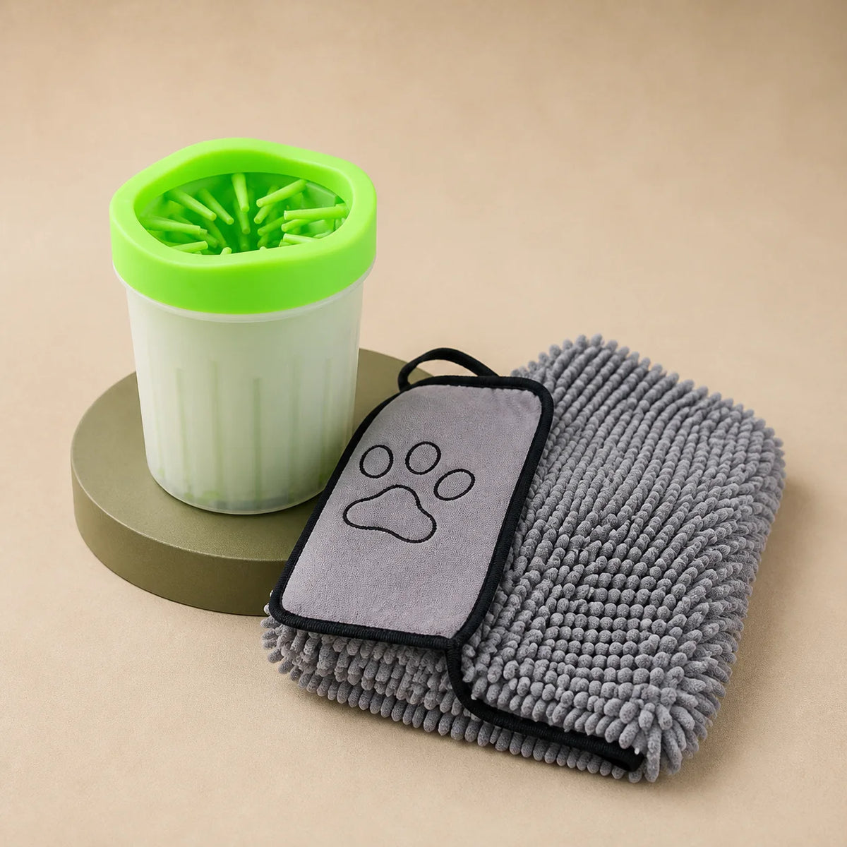 Paw Reset Kit with Large Green B paw rinse cup and one grey double-hand towel