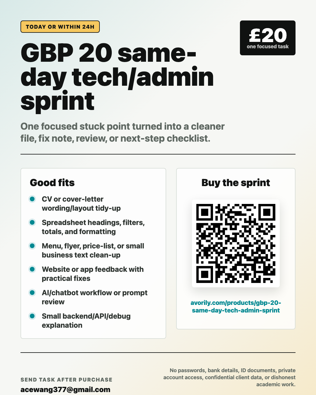 GBP 20 Same-Day Tech/Admin Sprint flyer