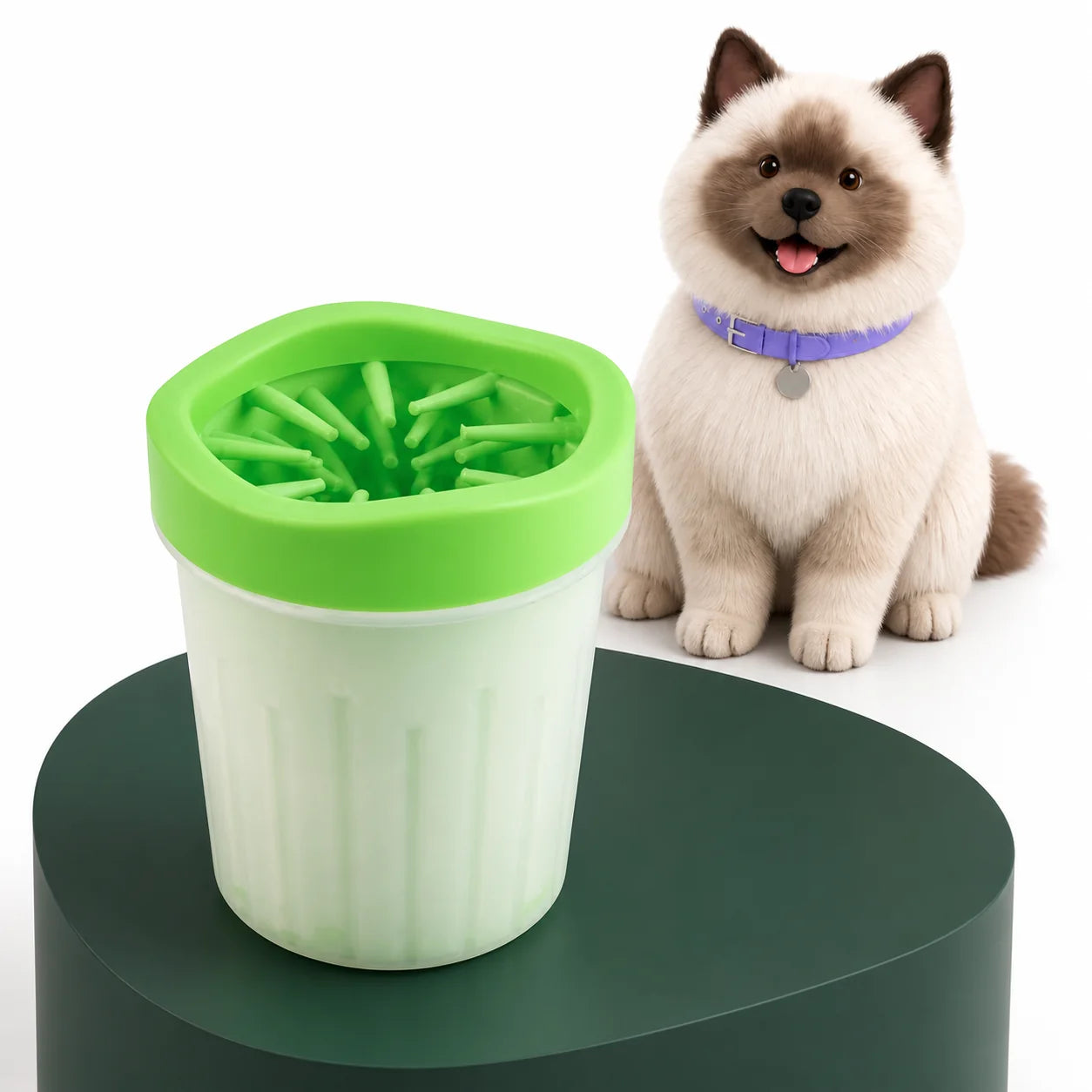 Green Paw Rinse Cup displayed beside Umi on a white Avorily studio set
