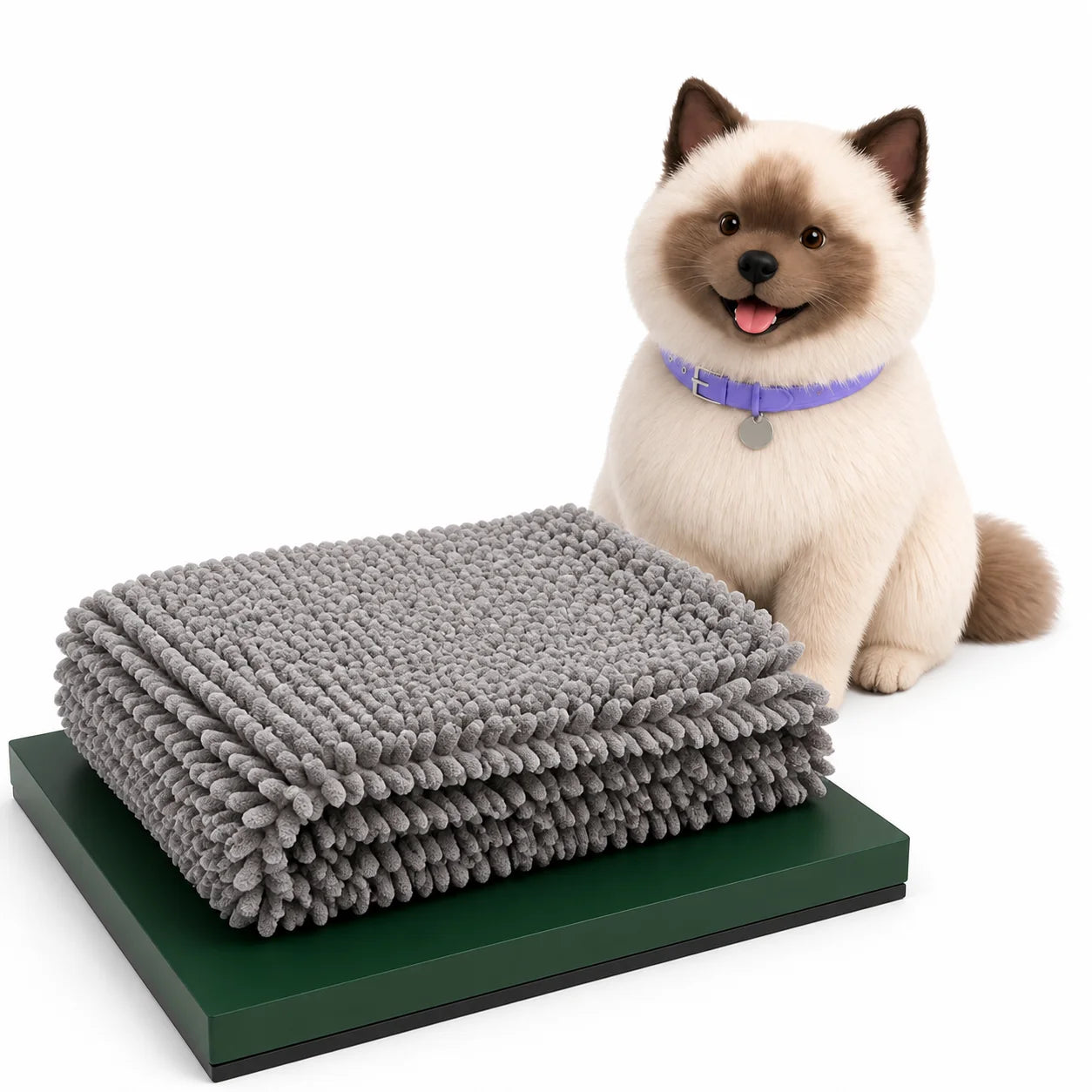 Grey Quick-Dry Dog Towel displayed beside Umi on a white Avorily studio set