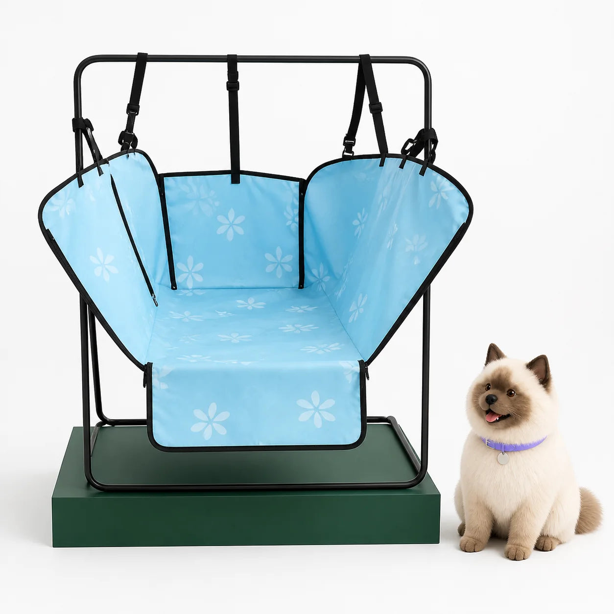 Blue dog car back seat cover displayed on a studio frame beside Umi
