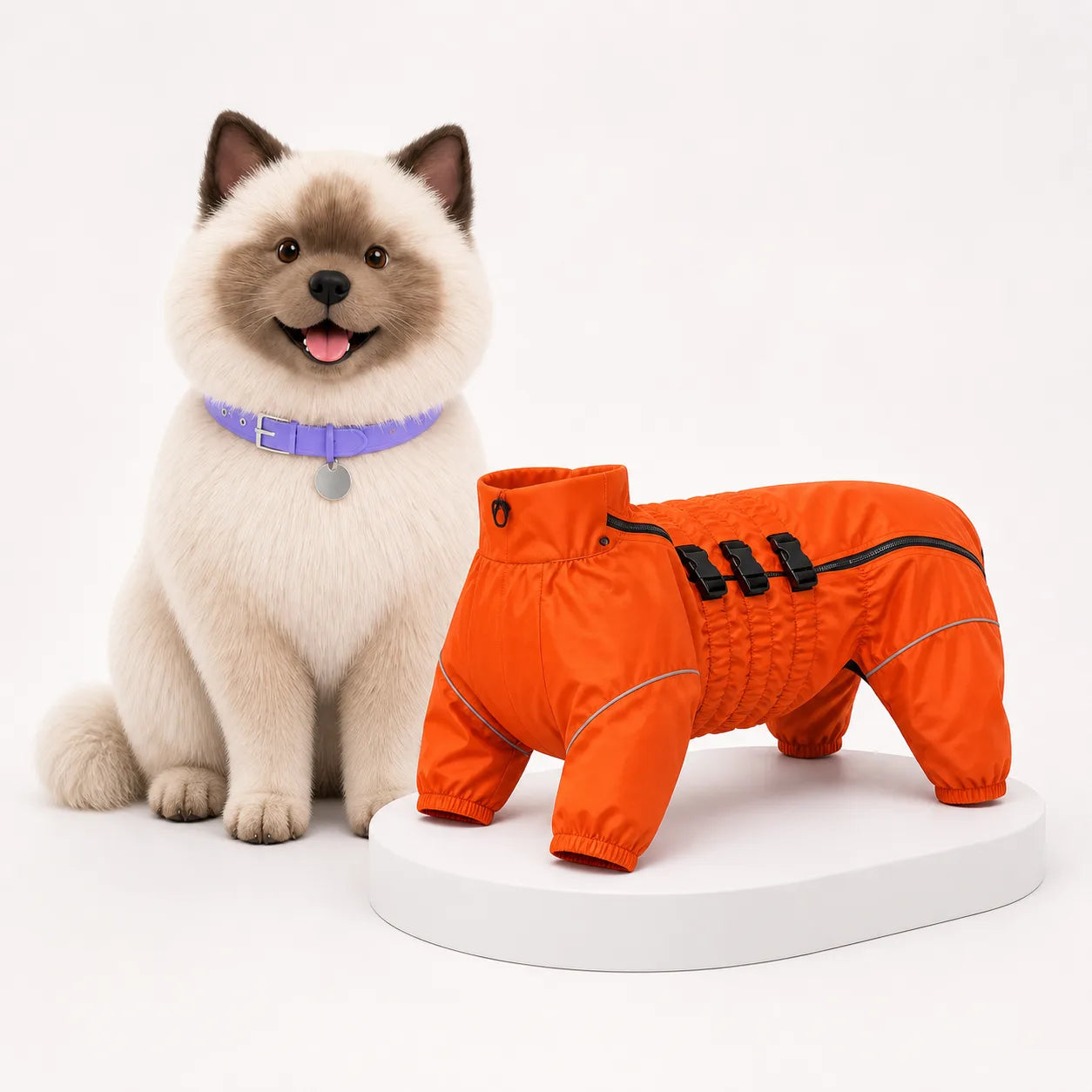 Orange four-legged dog raincoat displayed beside Umi on a white Avorily studio set