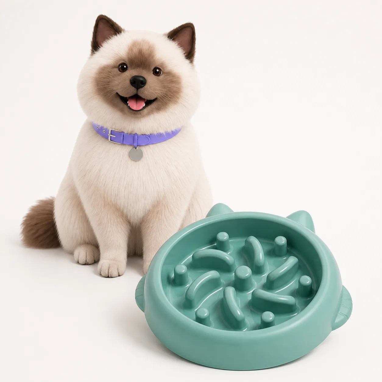 Green raised-pattern slow feeder dog bowl displayed beside Umi on a white Avorily studio set